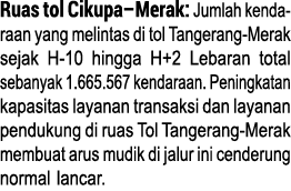 Ruas tol Cikupa–Merak: Jumlah kenda­raan yang melintas di tol Tangerang Merak sejak H 10 hingga H+2 Lebaran total seb...