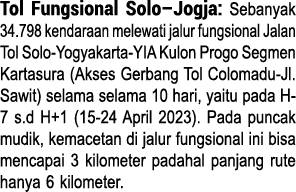 Tol Fungsional Solo–Jogja: Sebanyak 34.798 kendaraan melewati jalur fungsional Jalan Tol Solo Yogyakarta YIA Kulon Pr...
