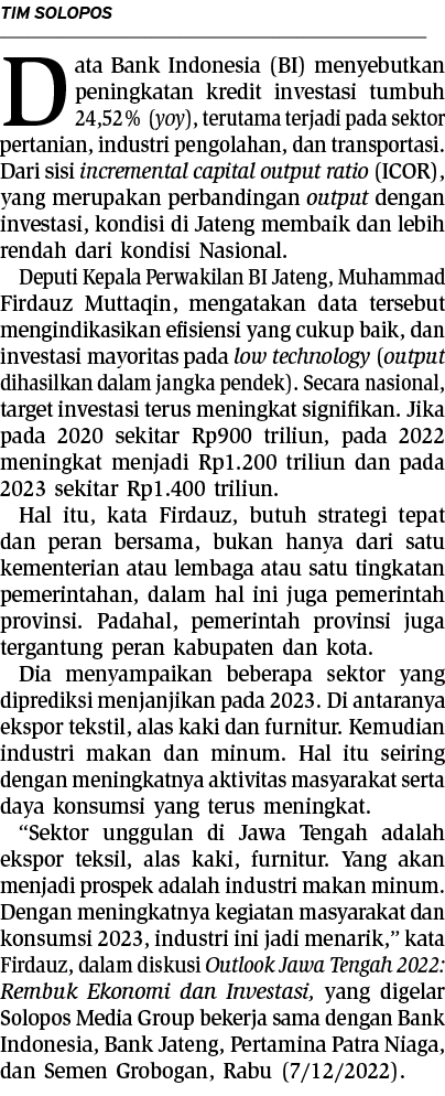 Tim Solopos Data Bank Indonesia (BI) menyebutkan peningkatan kredit investasi tumbuh 24,52% (yoy), terutama terjadi p...