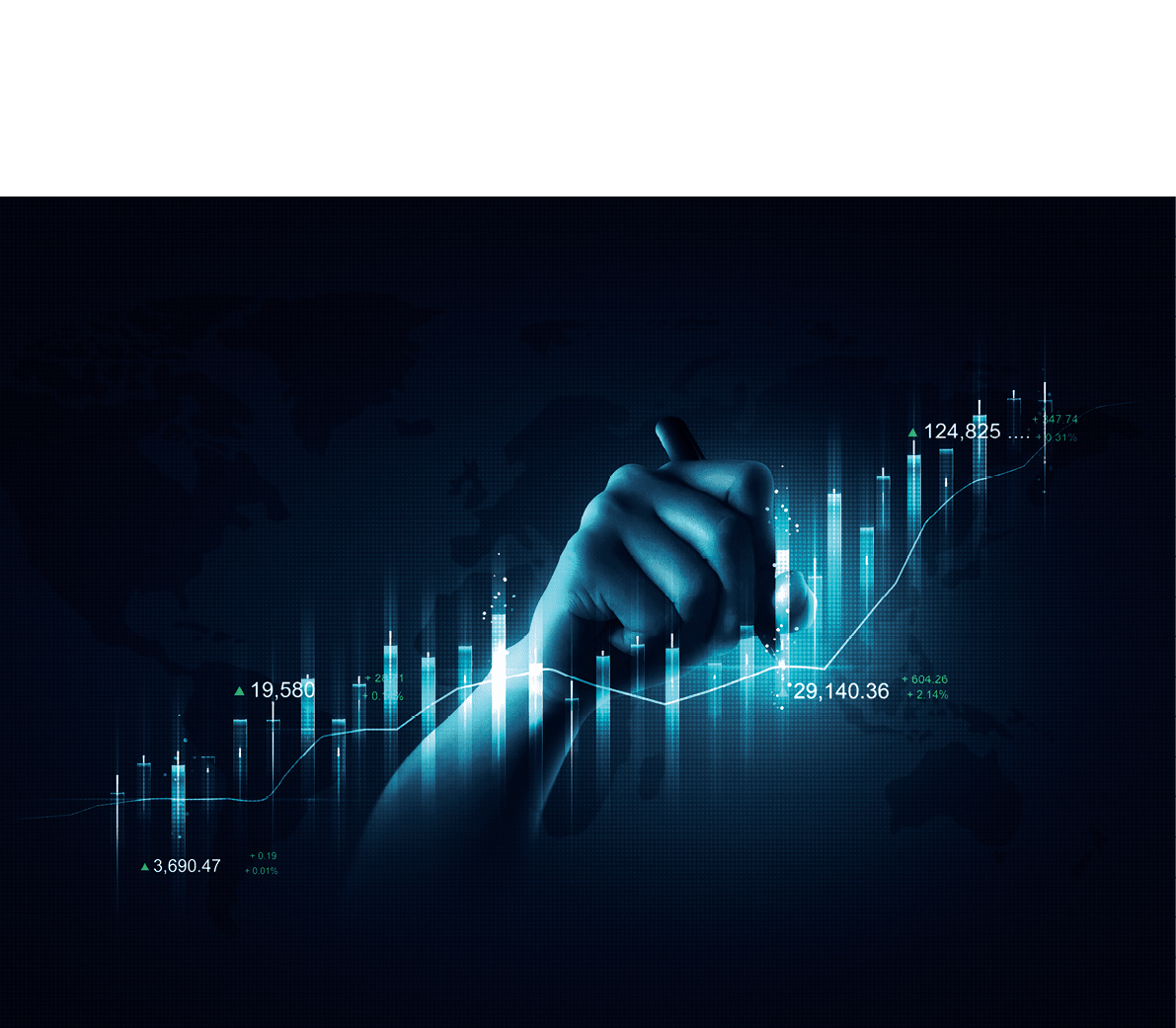 Business man holding financial pen chart and writing finance market investment stock of growth technology exchange graph analysis on success background with economy profit digital data money concept.