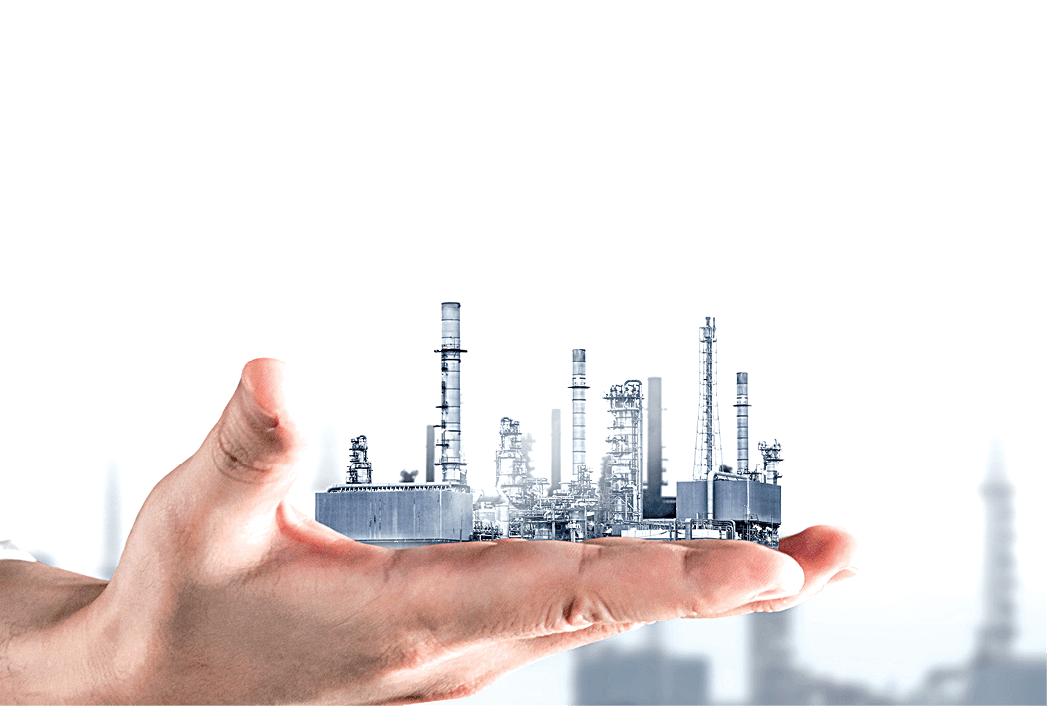 Future factory plant and energy industry concept in creative graphic design. Oil, gas and petrochemical refinery factory with double exposure arts showing next generation of power and energy business.